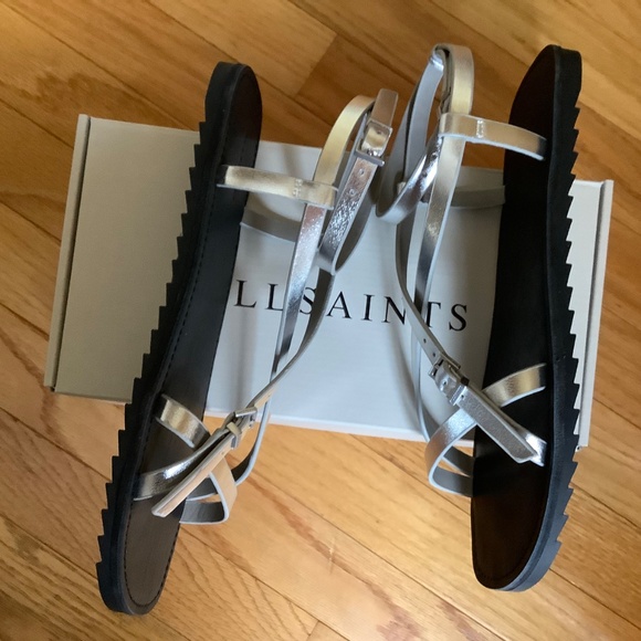 AllSaints Tyla Ankle Strap Leather Sandal Silver SZ EU 40 - Picture 4 of 13